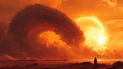 A man standing in front of a giant dragon, a matte painting, fantasy art