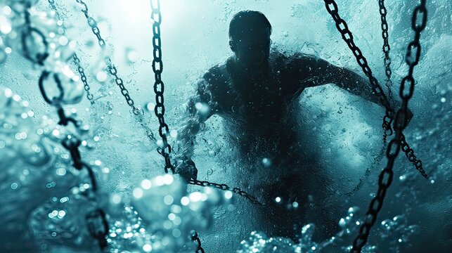 Stuntman underwater in chains, man trying to escape into the sea