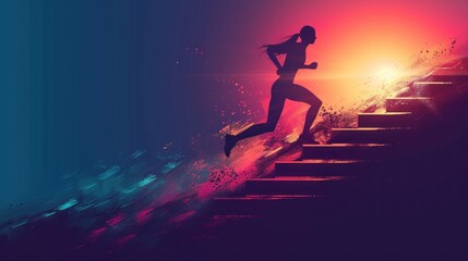 Woman Running Up a Flight of Stairs - obrazy, fototapety, plakaty