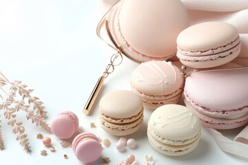 Fototapeta premium A decadent display of delicate pink and white macaroons, embodying the perfect balance of sweetness and elegance, nestled in a cozy indoor setting