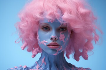 Intricate Pink blue girl captured. Smile shape female light neon. Generate Ai