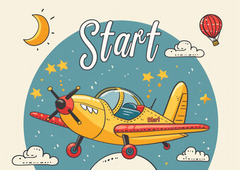 Small Yellow Airplane Flying Through Blue Sky