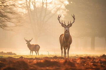 Red deers in the mist 