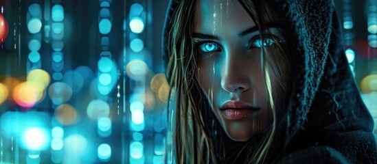 A female hacker, capturing identity through malicious software, gazes at the camera.