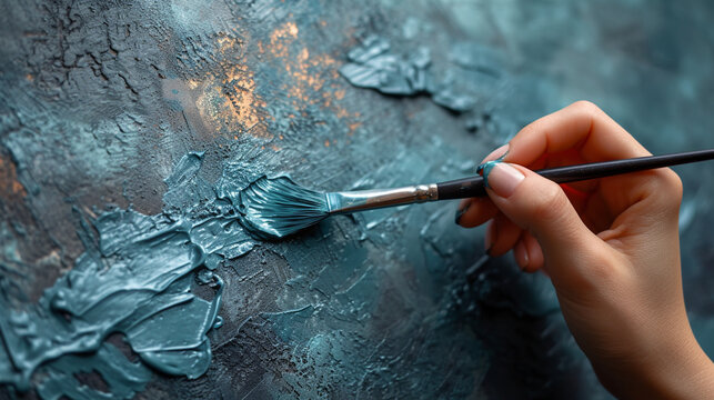 A man's hand painting the wall with blue paint with a brush