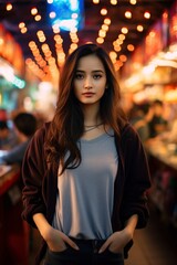 beautiful asian girl in an indeterminate place illuminated with many lights
