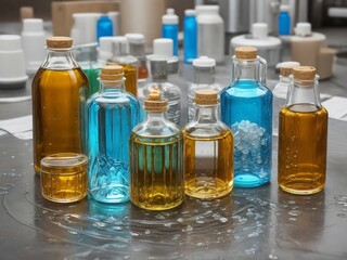 glass bottles with colored liquid