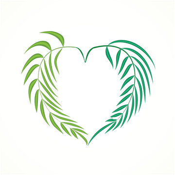 Palms Good Friday - Palm tree leafs in a love heart shape icon logo vector image design. Green palm tree leaves  representing the sacredness of Good Friday's Christian.