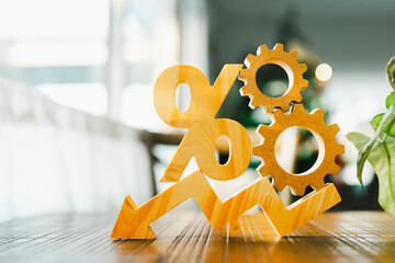 Percentage model, coin stack and down arrow, concepts for success, methods, systems of raising or...