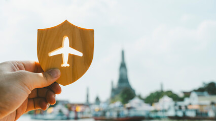 Shield protect icon with plane icon, Security protection. The concept of travel insurance, covering...