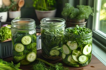 Transform your pantry with colorful mason jars filled with pickled cucumbers and fragrant herbs, providing a nutritious and flavorful addition to any plant-based or whole food diet
