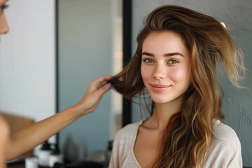 Fototapeta premium A joyful lady with long brown hair and a radiant smile poses against a wall, her layered hair and fashion accessories adding to her captivating beauty