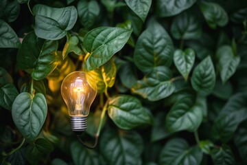 Illuminated light bulb nestled among verdant leaves, symbolizing the fusion of natural beauty with human innovation for sustainability.  representing the harmony between technological advancement