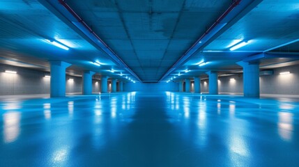 Beautiful dramatic empty concrete space or underground parking lot with blue lighting and space for item or text.