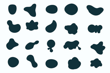 Random blob shape organic set. Pebble, inkblot, drops and stone silhouettes. Set of paint liquid black blotch spot in irregular form. Rounded abstract organic shapes. Flat fluid style vector design. 