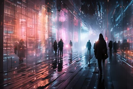 Silhouettes of people move, walk in digital cyberspace. Concept of the future, technology, worldwide digital network Internet
