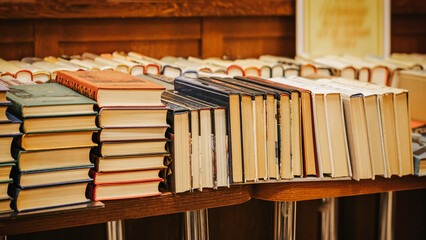 Many stacks of books on table in book store, library. Education, school, reading concept