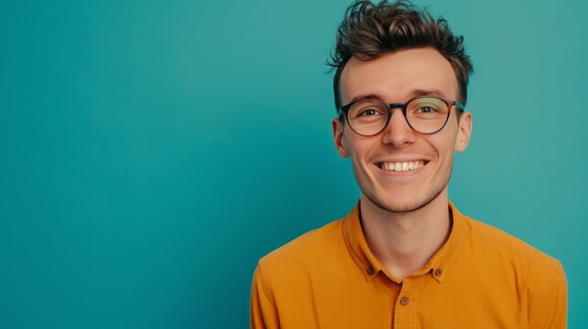 Portrait Of Young Smiling Man Wearing Glasses Isolated On Turquoise Background With Space For Inscriptions Or Text.