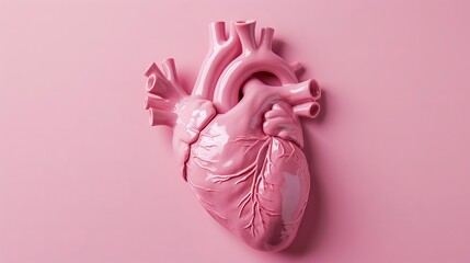 Human heart model isolated on pink background.