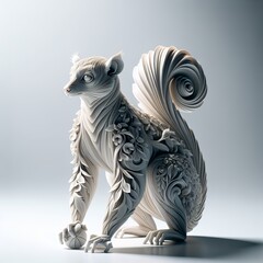 Intricate Lemur Sculpture: A Detailed Art Piece Featuring a Lemur with Floral and Swirl Designs in Monochromatic Tones