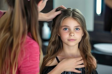 Naklejka premium A young girl with freckles and piercing blue eyes showcases her unique sense of style with layered brown hair and feathered blond highlights, her long locks framing her human face as she gazes confid
