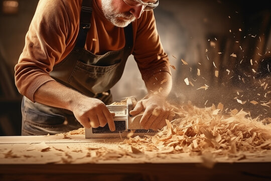 Schreiner arbeitet in der Schreinerei mit Holz, Holzsp&auml;ne fliegen beim hobeln durch die Luft, Nahaufnahme H&auml;nde mit Hobel