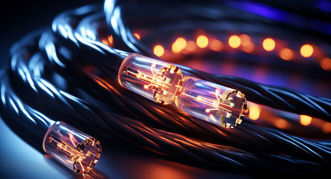 Glasfaserkabel, Leuchtendes Kabel mit leuchtenden Adern, Schnelles Internet durch digitalen Ausbau des Netzes, Abstrakte Darstellung eines Glasfaserkabels