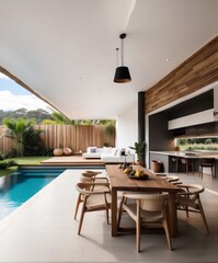 A creative 3d view of pool side dining setup for home and villa