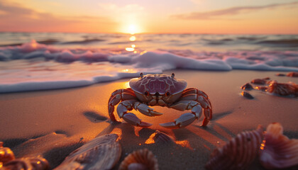 a small crab in a shell walks on the sand at sunset.  - obrazy, fototapety, plakaty