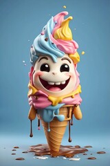 A cute smiling ice cream melting character 3d render