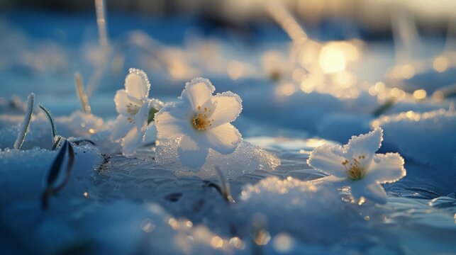 Winter natural phenomenon snow flowers formed by extreme temperature changes on ice and cracks in the ice