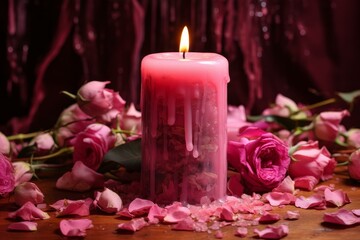 Obraz na płótnie Canvas Fragrant Pink burning candle. Spa candle romance. Generate Ai