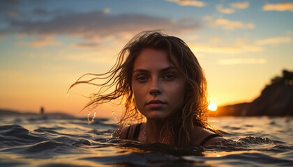 beautiful girl swims in the sea at sunset. 