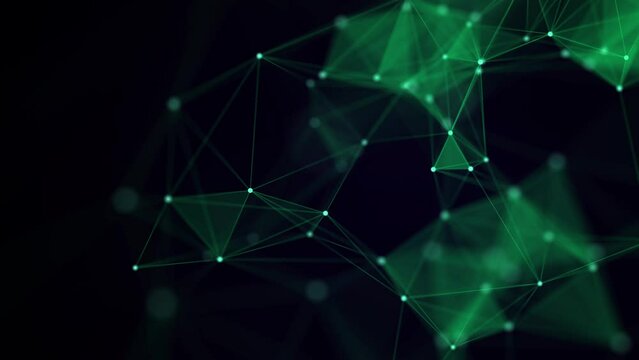 Green abstract background with connection lines, dots and triangles. Technology network connection. Digital structure of particles. 3D rendering.