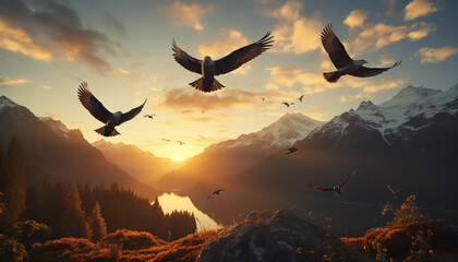 birds fly at sunset high above the mountains. 