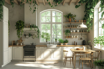 Fototapeta na wymiar White modern kitchen interior composition. Scandinavian interior design. Generative AI