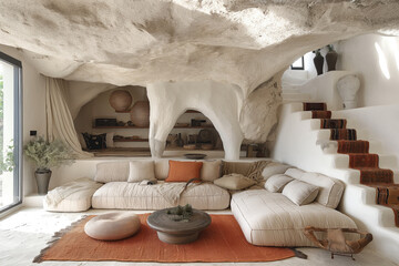 Fototapeta na wymiar Rustic interior design with sofa, home plant and home decor . Interior mockup. Generative AI
