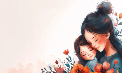 Illustration of a mother and daughter embracing, surrounded by flowers, perfect for Mother's Day.
