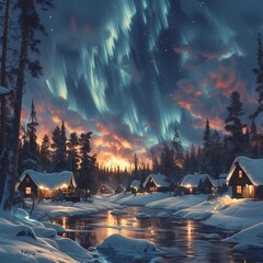 Enchanting Northern Lights Over Snowy Winter Village