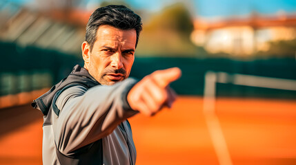 Tennis coach gives instructions on the clay court - obrazy, fototapety, plakaty