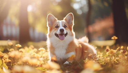 corgi dog sitting in the park in the sunlight with blurred background.