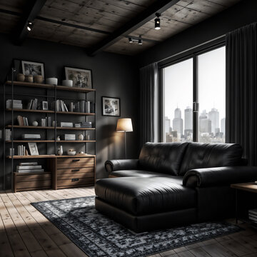 interior of a modern loft with a sofa shelving unit and lamps on a bright sunny day