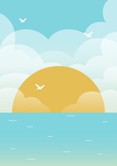 Fototapeta na wymiar Sea in the morning and flying birds illustration poster. Childish art with flying seagulls among clouds.