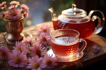 Fototapeta premium Pink chamomile tea cup banner. Flower love nature hot drink daisy. Generate Ai