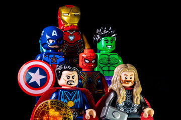 Fototapeta premium LEGO Marvel's Avengers. Doctor Strange, Captain America, Thor, Hulk, Spider-Man and Iron Man on a black background