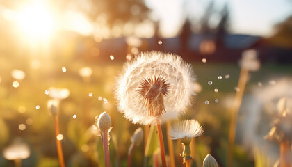 dandelion close up against sunlight background.