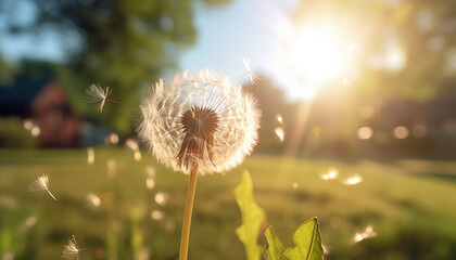 dandelion close up against sunlight background.