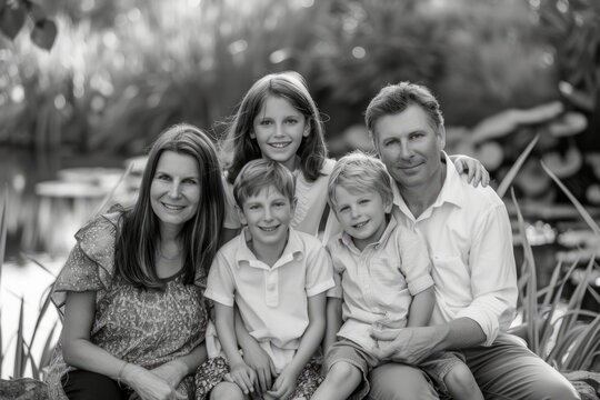 Black and white photo of happy family, family photo of parents with children