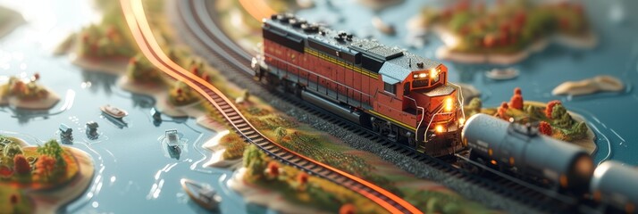Top view of a model of a freight locomotive standing on the map, freight transportation concept, banner - obrazy, fototapety, plakaty