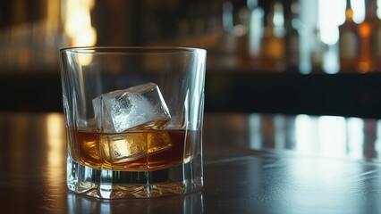 Alcoholic whiskey or brandy in a glass with ice cubes in a bar or restaurant. Nightclub background design layout.